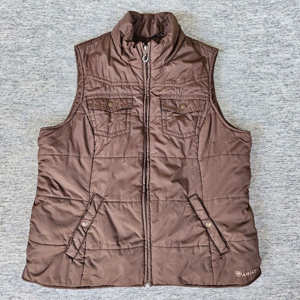 Ariat Women's XL Dark Brown Quilted Puffer Vest with Horseshoe Pull Western